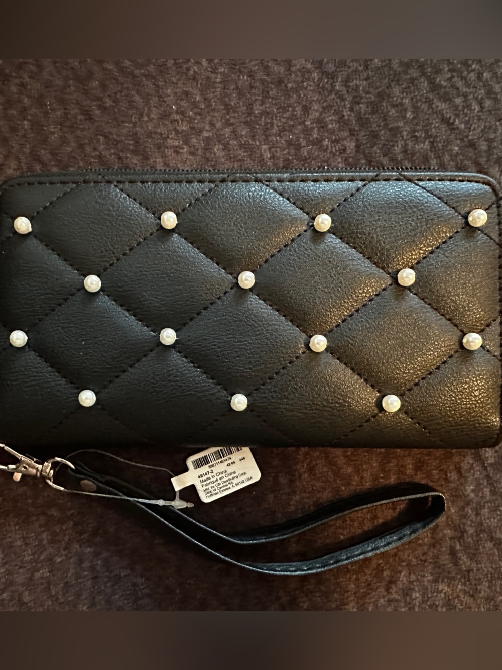 Claire's Black Quilted Wristlet with Pearl Studs